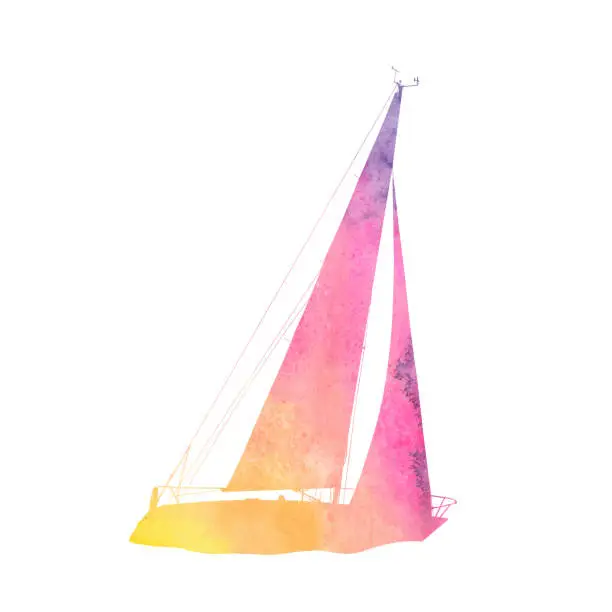 Vector illustration of Watercolor Sailboat Silhouette in Yellow, Pink and Purple Tones. Vector EPS10