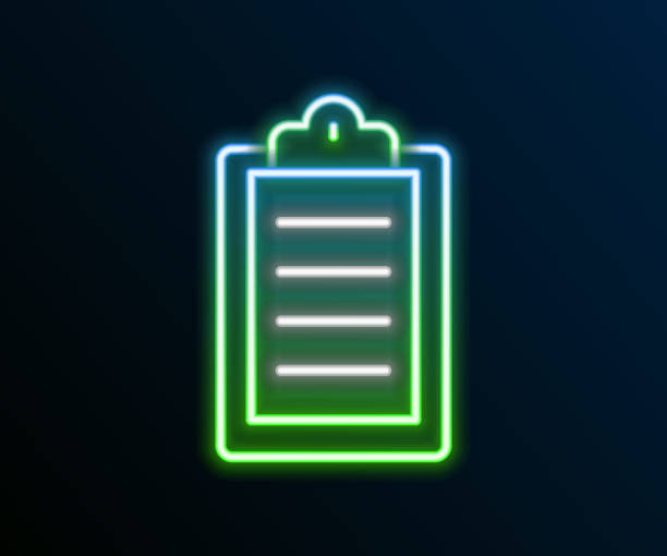 istock Glowing neon line Sport training program or fitness plan icon isolated on black background. Colorful outline concept. Vector 1325467270