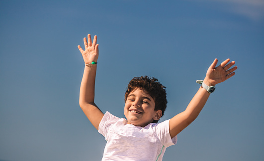 Happy Little Boy With Raised up Hands Having Fun Outdoors. Nice Child with Joy Spending Holidays in Summer Camp. Happiness and Freedom Concept.