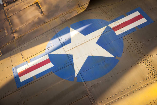 US Air Force stars and stripes close-up on the side of old military aircraft