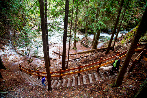 Hikers walk down stairs to BX Falls