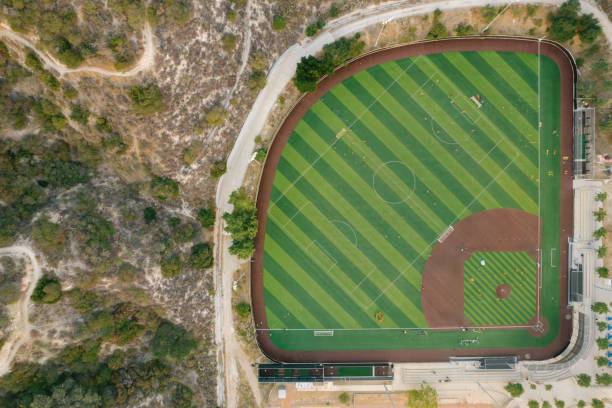 aerial of baseball field - catching horizontal nobody baseballs imagens e fotografias de stock
