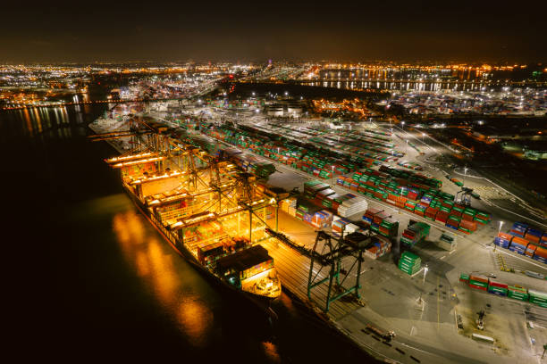 Aerial view of Port of Los Angeles with cranes, gantries, and shipping containers stock photo
