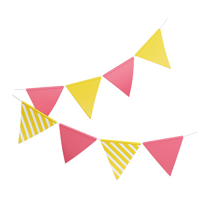 Party flags 3d render illustration. Pink and yellow triangular flags hanging on rope for birthday or holiday decoration and congratulation concept. Paper colorful traditional decor isolated on white.