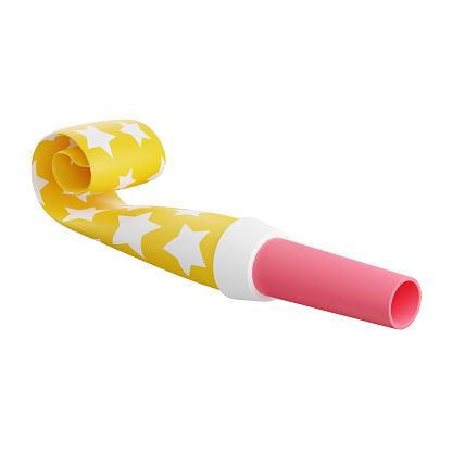 Party blower 3d render illustration. Pink and yellow rolled paper whistle with stars for birthday or holiday celebration concept. Party blowing horn noisemaker for new year carnival isolated on white.