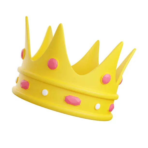 Yellow crown decorated with pink and white diamonds 3d render illustration. Birthday party or winning congratulation concept. Isolated image of royalty or leader insignia.