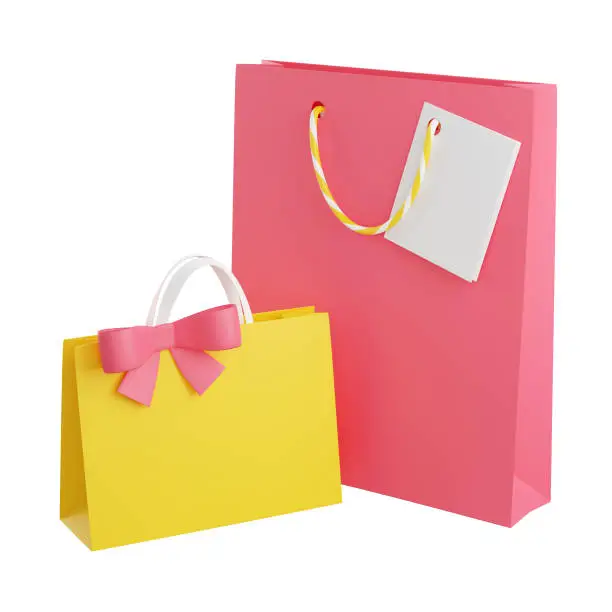 Gift bags with handles, card and bow 3d render illustration. Paper or plastic shopping packages for birthday or anniversary congratulation concept. Greeting cardboard packets isolated on white.