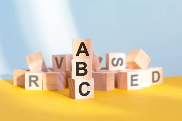 istock wooden cubes with letters ABC arranged in a vertical pyramid, yellow background 1325476963