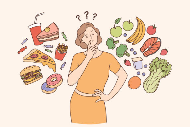 dieta, zdrowy styl życia, koncepcja odchudzania - choosing stock illustrations