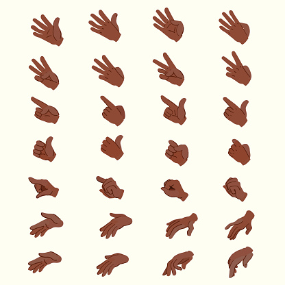 Hand animation poses. Hands in different positions. Key frames of the hands. A set of hands for character animation.