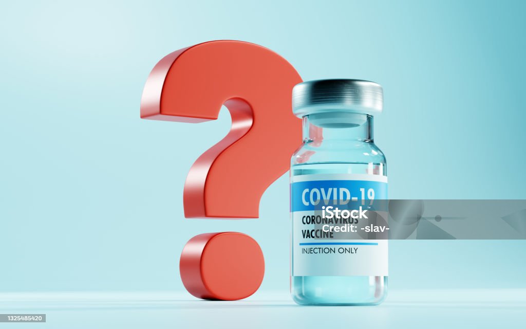 Covid-19 vaccine bottle and red question mark. 3D render. Covid-19 vaccine bottle and red question mark. 3D render. 3D illustration. Vaccination Stock Photo