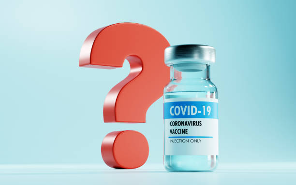 Covid-19 vaccine bottle and red question mark. 3D render. stock photo