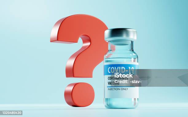 Covid19 Vaccine Bottle And Red Question Mark 3d Render Stock Photo - Download Image Now