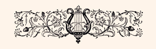 ilustrações de stock, clip art, desenhos animados e ícones de floral pattern with antique lyre : design element     -xxxl with lots of details- - engraved image victorian style image created 19th century ancient civilization