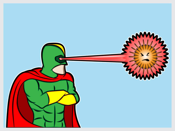 superheroes defeating corona virus with laser beam vision vector art illustration