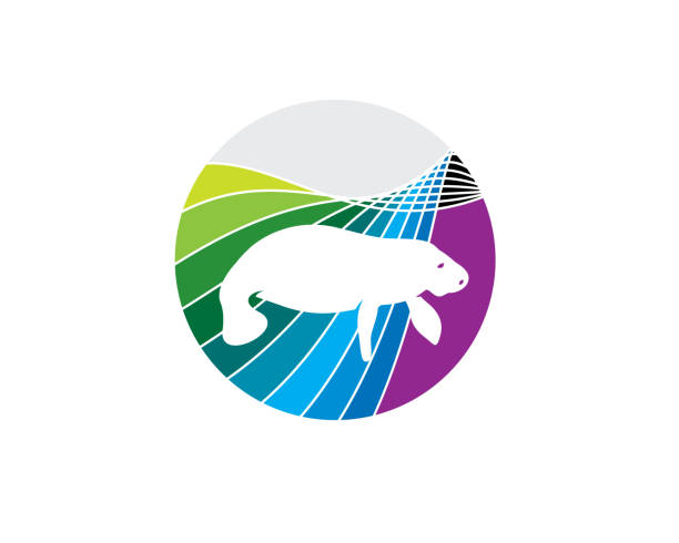 negative space manatee in front of rainbow colorful ocean waves negative space manatee in front of rainbow colorful ocean waves manatus stock illustrations
