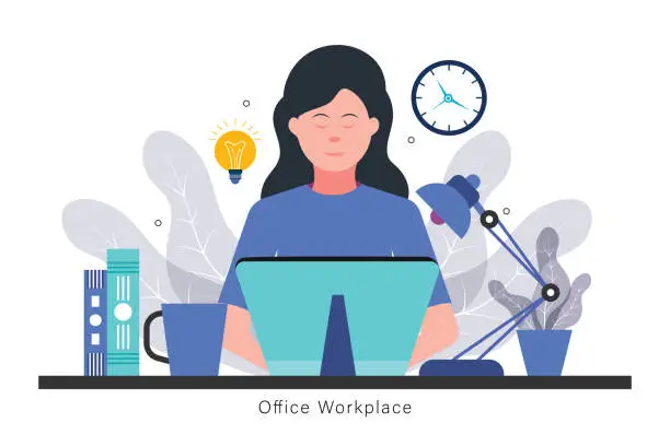 Vector illustration of Girl with laptop, happy woman, business woman, creative people, working at home, office workplace