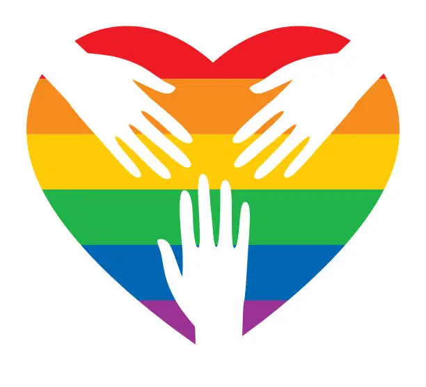 Vector illustration of Rainbow Heart White Hands Icon