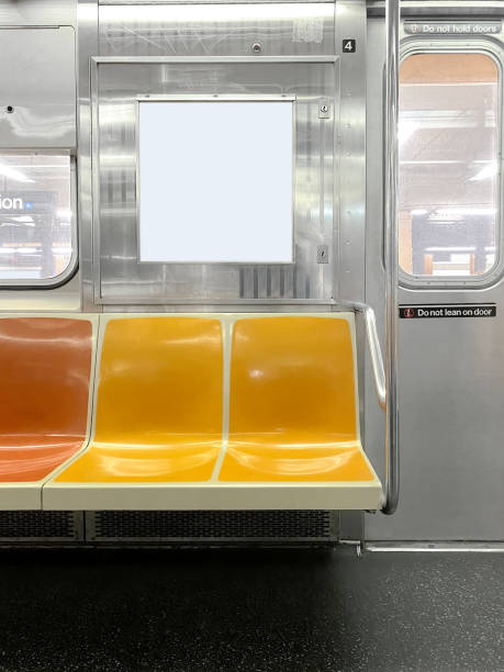 subway seats and blank billboard - outdoor chair imagens e fotografias de stock