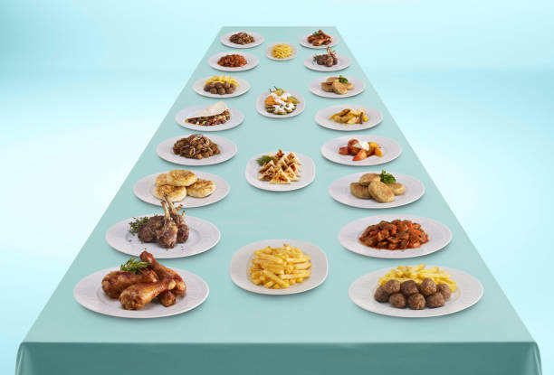 Variety of delicious dishes on a long table