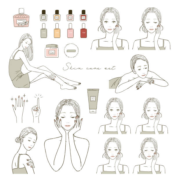 zestaw ilustracji kobiety dbania o jej skórę. - white background worried women cute stock illustrations