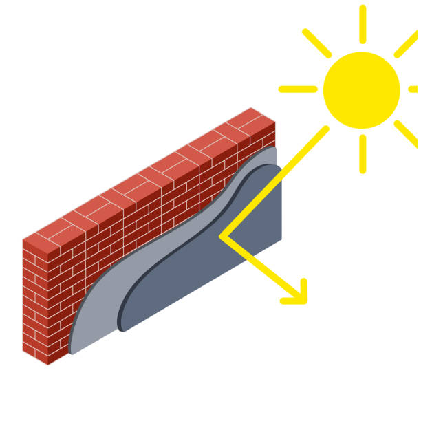 rote ziegelwand in isometry mit schichten von gips und isolierung. bau von gebäuden. schema der reflexion und schutz vor hitze und sonnenlicht. material für die hausreparatur - halbwände stock-grafiken, -clipart, -cartoons und -symbole