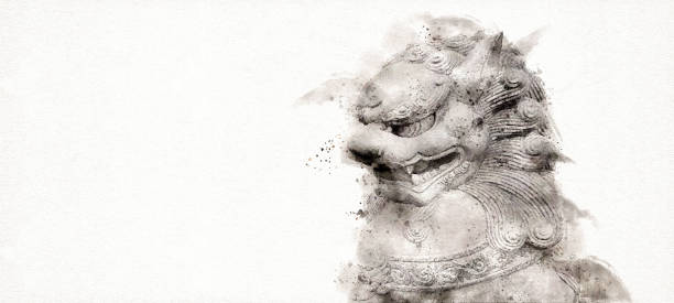 foo fu hund oder chinesischer schutzlöwe auf weißem hintergrund. aquarell-stil. - chinese temple dog stock-fotos und bilder