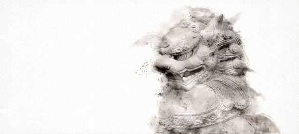 chien foo fu ou lion gardien chinois sur fond blanc. style aquarelle. - chinese temple dog photos et images de collection