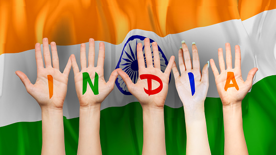 Animated India flag with animated hand with text writing as INDIA