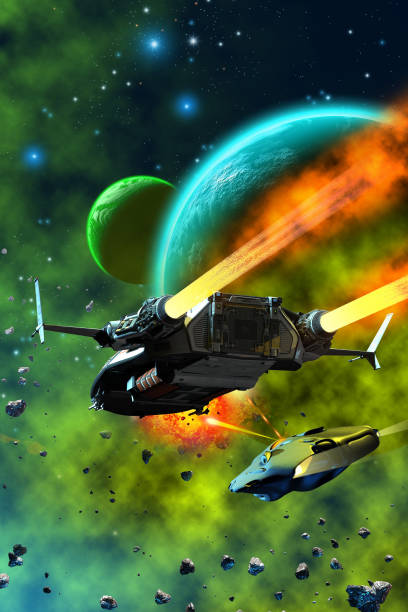 istock Spaceships fighting around a alien planetary system, 3d illustration 1325529524