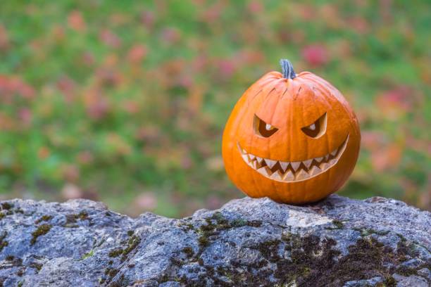 istock Scary smiling halloween pumpkin with nasty face on a stone 1325531082