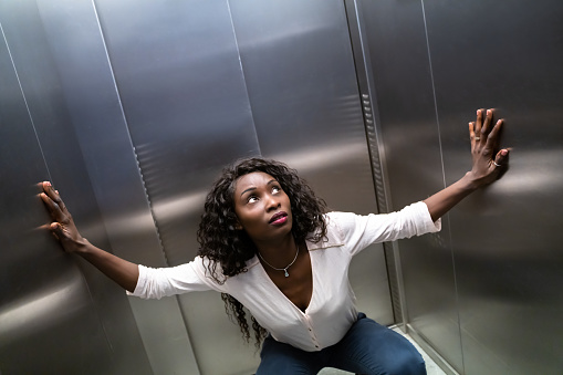 Trapped Or Stuck Inside Elevator. Fear And Agoraphobia