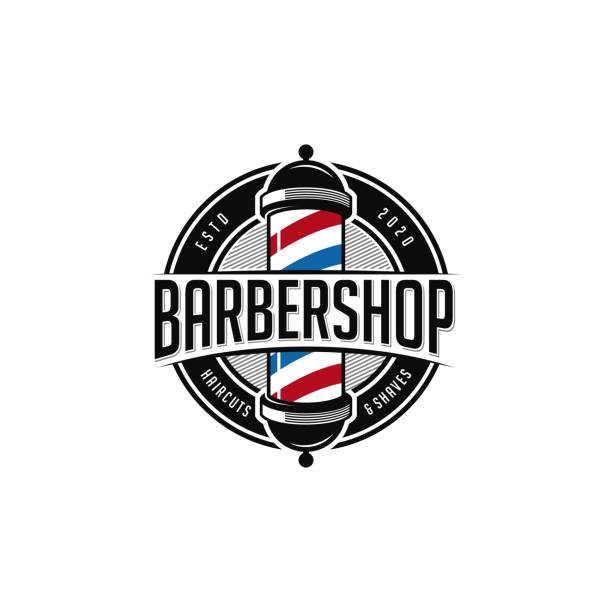 illustrazioni stock, clip art, cartoni animati e icone di tendenza di design del logo barbershop. modello di logo barbershop vintage - negozio del barbiere