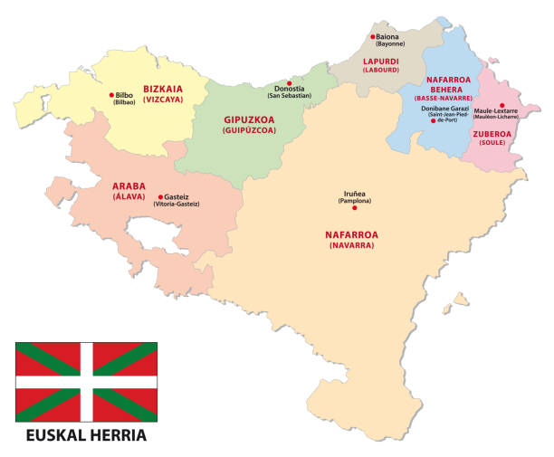 ilustrações de stock, clip art, desenhos animados e ícones de administrative map of the french and spanish part of the basque country with flag - navarra