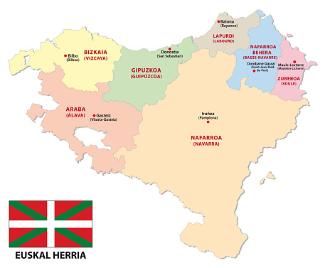administrative map of the french and spanish part of the basque country with flag