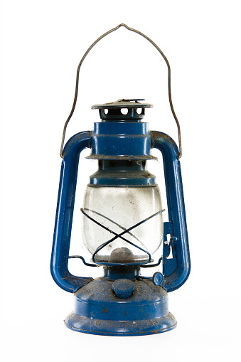 Old blue lamp isolated on white background. lantern making light.