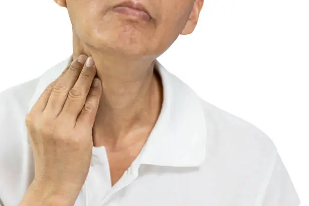 Photo of Hand of middle aged man was groping,checking the pain and swelling in the neck,sore throat and cough,thyroid nodule,lump in throat from tumor,thyroid cancer,inflammation of the lymph nodes,tonsillitis