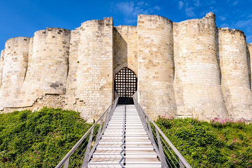 Les Andelys, France - June 6, 2021: Entrance of the inner bailey of Château-Gaillard, a medieval fortified castle built in Normandy by Richard the Lionheart in the 12th century.