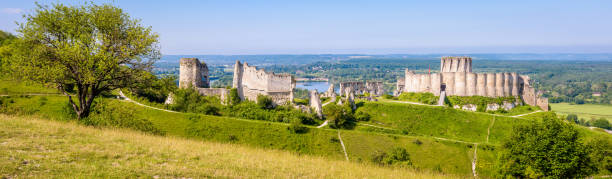 Ruins of Château-Gaillard medieval fortified castle in Normandy. Les Andelys, France - June 6, 2021: Panoramic view of the ruins of Château-Gaillard, a medieval fortified castle built in Normandy by Richard the Lionheart in the 12th century. bailey castle stock pictures, royalty-free photos & images