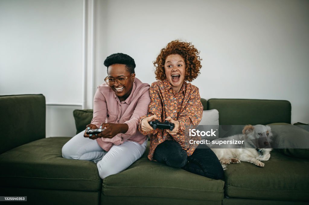 We enjoy playing games with our dog Video Game Stock Photo