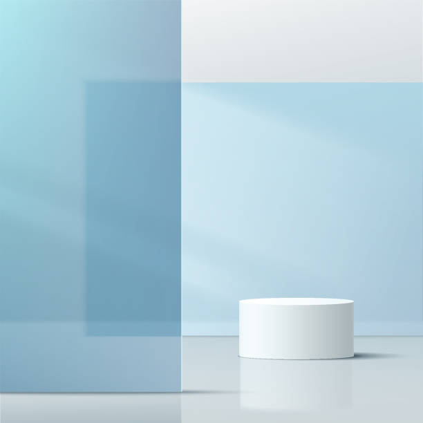 istock Modern white cylinder pedestal podium with blue glass geometric square overlap backdrop. Abstract pastel blue color minimal wall scene. Vector rendering 3d shape, cosmetic product display presentation 1325540696