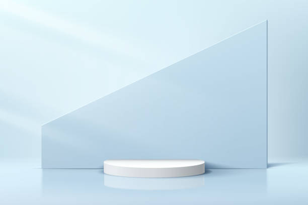 istock Modern white semi cylinder pedestal podium with geometric backdrop. Abstract pastel blue color minimal scene. Geometric platform with shadow. Vector rendering 3d shape, Product display presentation. 1325541537