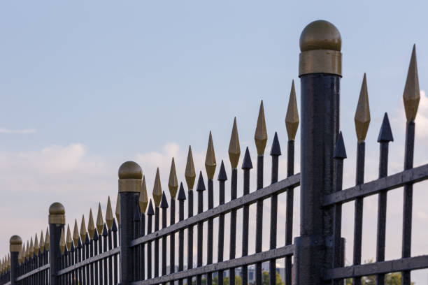 istock black iron fence with golden decorative elements in linear perspective with selective focus 1325544360