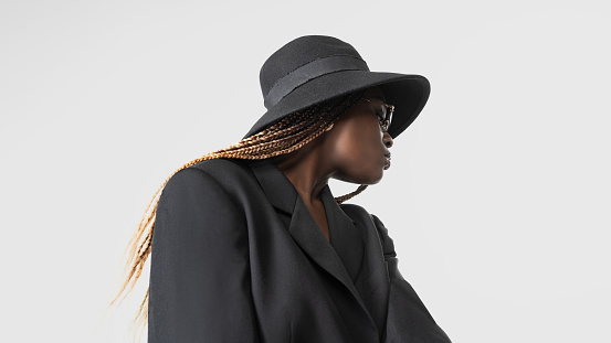 Beauty Fashion afro model girl wearing stylish suit and hat - dynamic