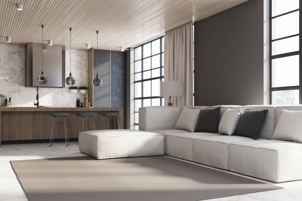 istock Light living room interior with comfortable couch, city view and daylight. 3D Rendering. 1325549825