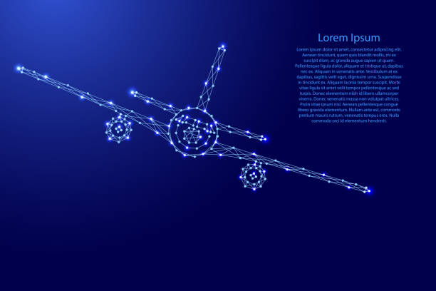 istock Airplane flying with roll, front view from futuristic polygonal blue lines and glowing stars for banner, poster, greeting card. Vector illustration. 1325552350