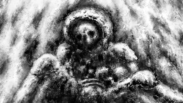 Dead astronaut in broken spacesuit sits. Lost man in dark space. Creepy illustration. Dead astronaut in broken spacesuit sits. Lost man in dark space. Creepy illustration in horror and fiction genre with coal and noise effect. Black and white cover art. Apocalyptic doomsday theme. lost in space stock illustrations