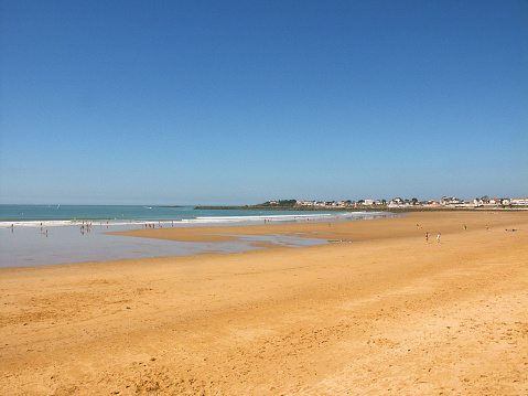 June 27th. 2021.This is the tourist seaside resort of  Saint-Gilles-Croix-de-Vie  in the Vendée department, region of Pays de la Loire, Western France. It is a hot sunny day in summer and there are tourists and holidaymakers on vacation enjoying the sunshine. Families having fun on the beach.