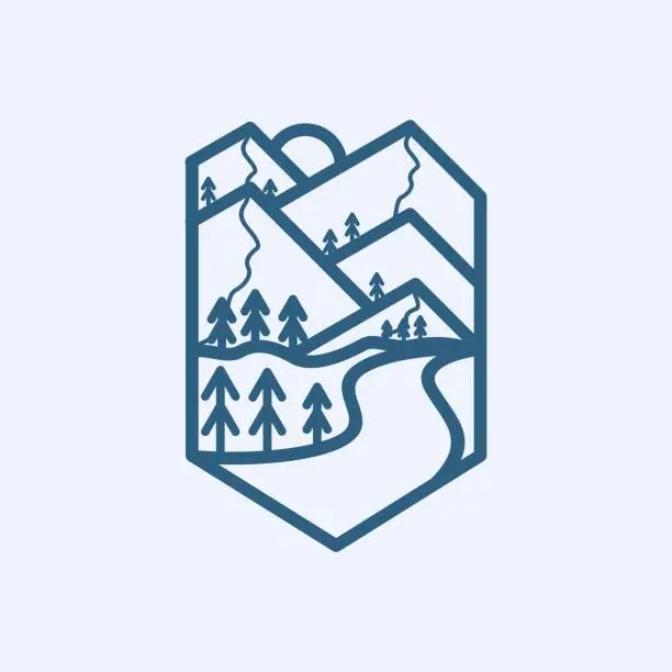 Vector illustration of Modern, Conceptual Mountain Line Badge Outdoor Adventure Sport And Apparel Brand Identity