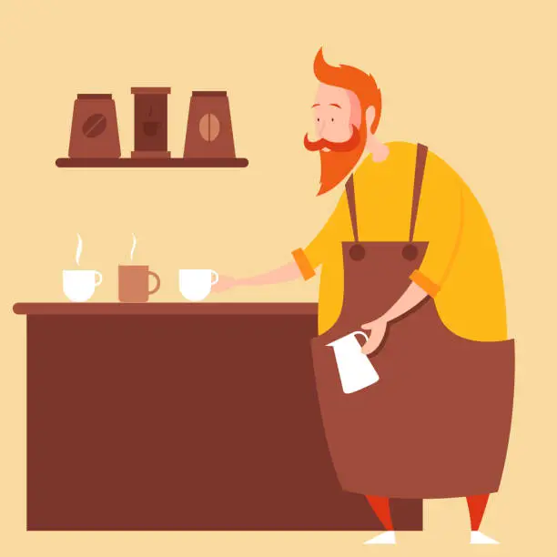 Vector illustration of Barista Making Coffee For Customers At Cafe
